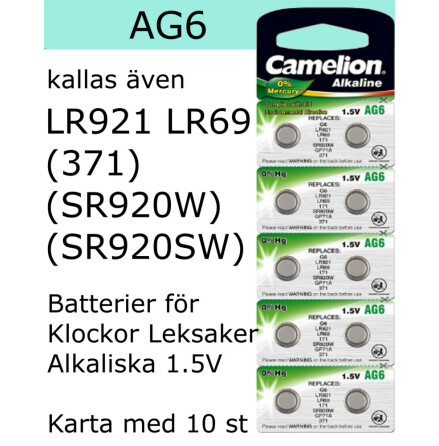 AG06 10-Pack LR921 AG6 (371 SR920SW ) Batteri 1,5V  Camelion